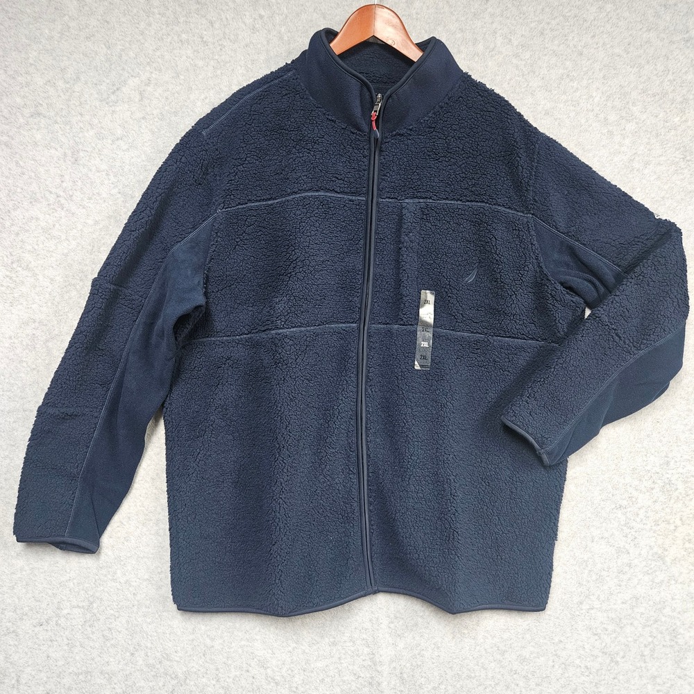 Nautica Jacket Men 2XL Navy Seas Sherpa Fleece Full Zip Media Pocket NWT